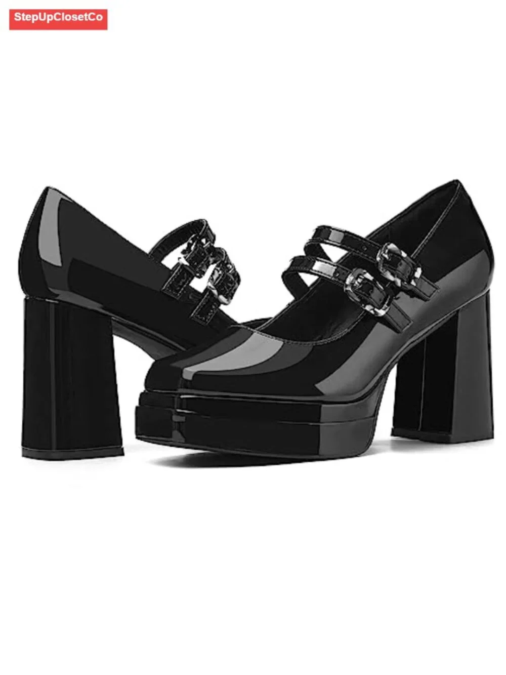 Women Platform Mary Jane Pumps Two Strap Square Toe Chunky Block Heel